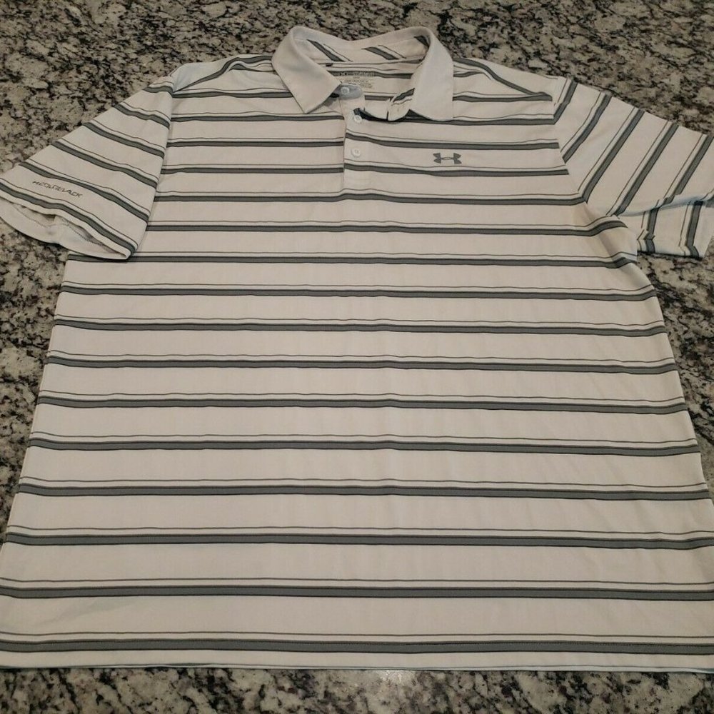 Under Armour Men's 2XL XXL Polo Coldblack Loose Heatgear Striped White Gray